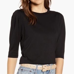 Something Navy Dark Black Puff Sleeve Top L